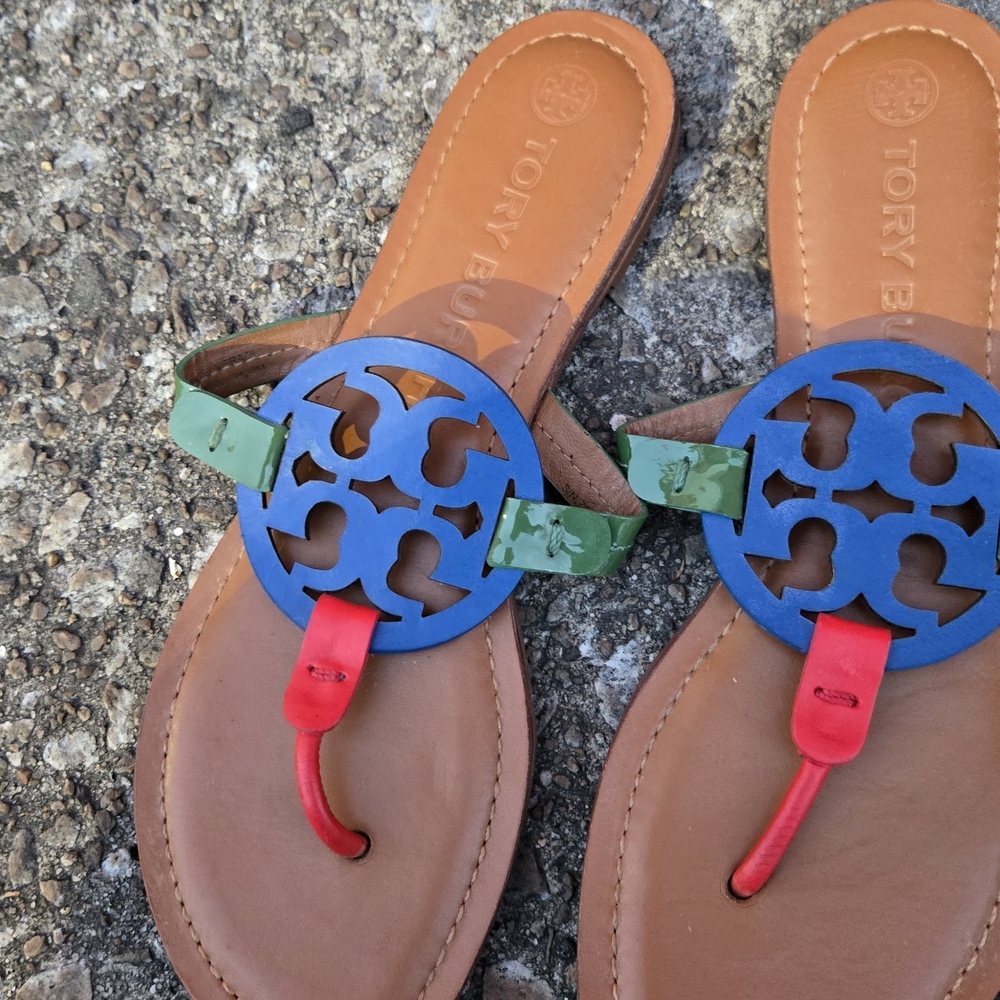 Tory Burch Brown Sandals with Blue and Green Accents - Picture 2 of 7